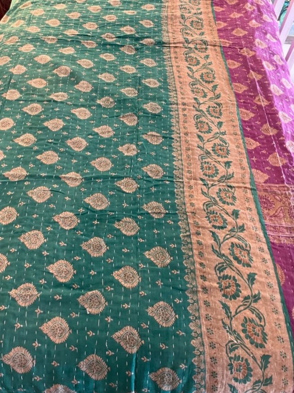Teal and Purple and Black Quilted Kantha Bedspread